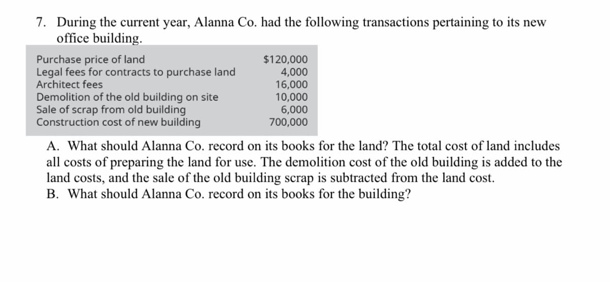 7. During the current year, Alanna Co. had the following transactions pertaining to its new
office building.
Purchase price of land
Legal fees for contracts to purchase land
Architect fees
$120,000
4,000
16,000
10,000
6,000
700,000
Demolition of the old building on site
Sale of scrap from old building
Construction cost of new building
A. What should Alanna Co. record on its books for the land? The total cost of land includes
all costs of preparing the land for use. The demolition cost of the old building is added to the
land costs, and the sale of the old building scrap is subtracted from the land cost.
B. What should Alanna Co. record on its books for the building?
