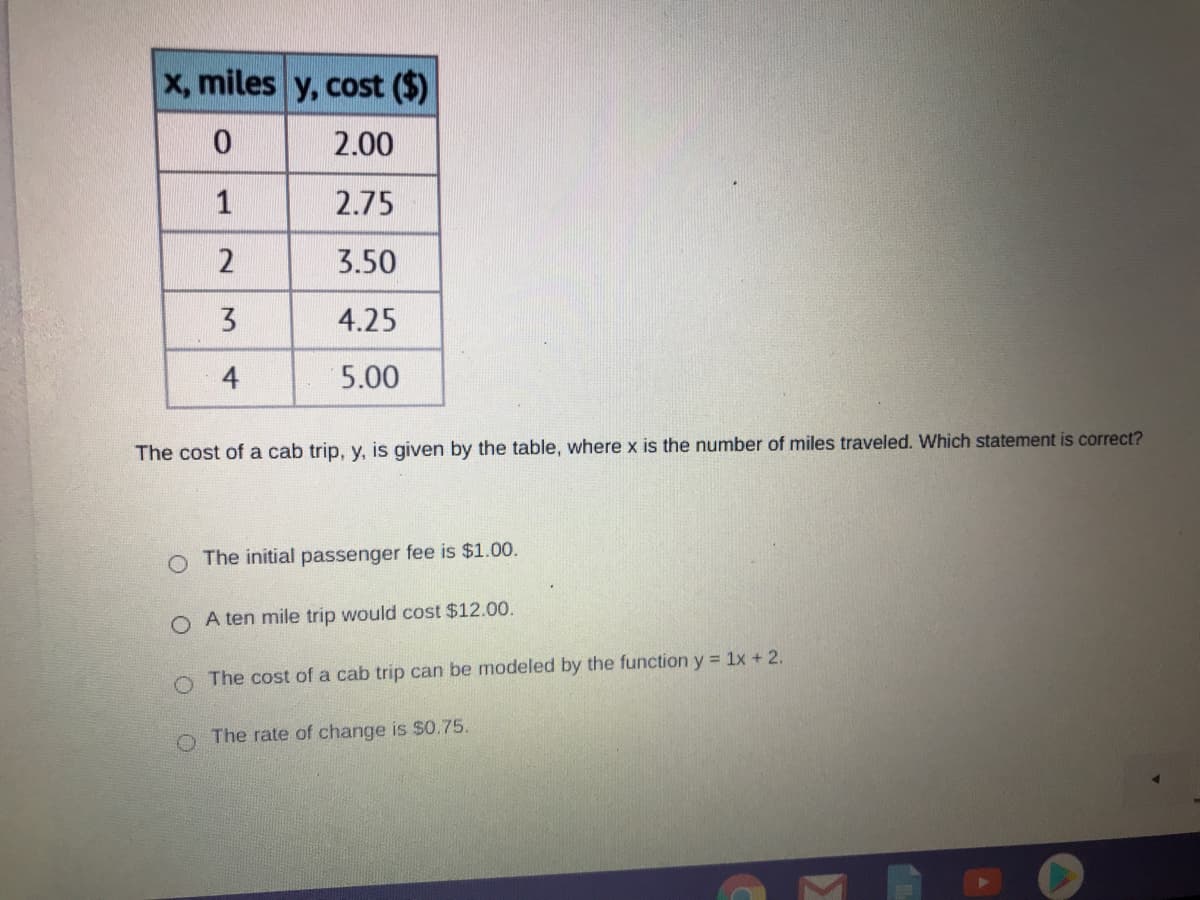 X, miles y, cost ($)
2.00
1
2.75
2
3.50
3.
4.25
4
5.00
The cost of a cab trip, y, is given by the table, where x is the number of miles traveled. Which statement is correct?
The initial passenger fee is $1.00.
O A ten mile trip would cost $12.00.
O The cost of a cab trip can be modeled by the function y = 1x + 2.
The rate of change is $0.75.
