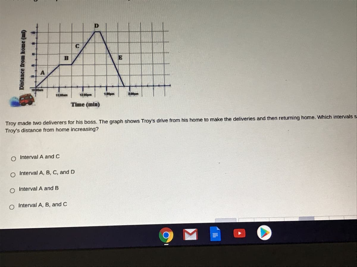 C
E
A
11:00am
1200pm
200pm
Time (min)
Troy made two deliverers for his boss. The graph shows Troy's drive from his home to make the deliveries and then returning home. Which intervals s
Troy's distance from home increasing?
O Interval A and C
O Interval A, B, C, and D
o Interval A and B
O Interval A, B, and C
Distance from home (ml)
