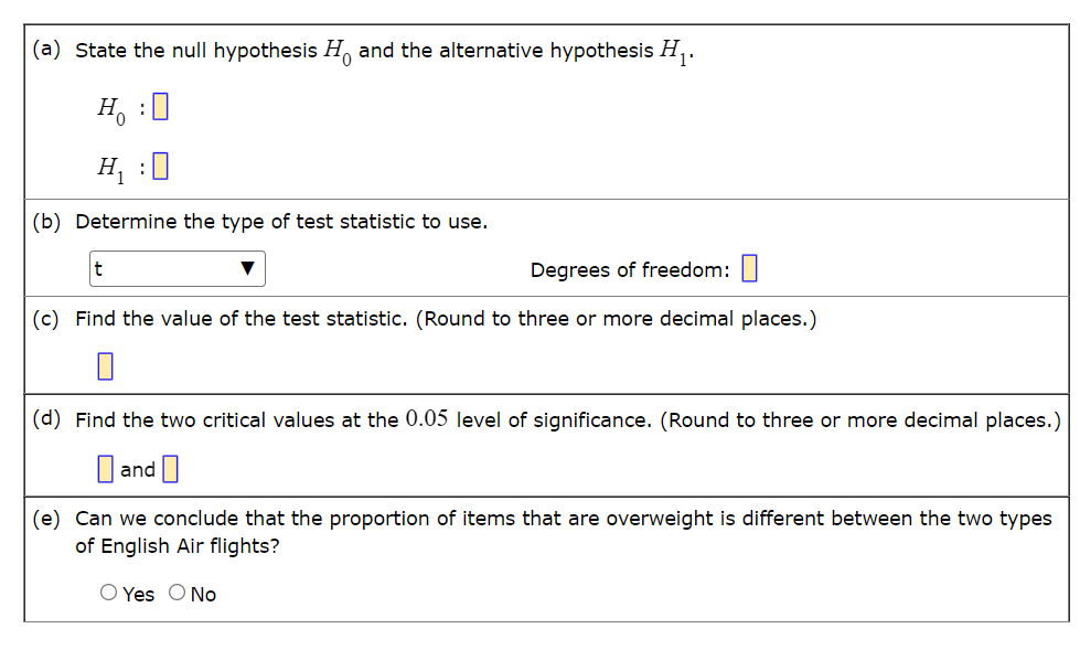 (a) State the null hypothesis H and the alternative hypothesis H,.
H, :0
H :0
(b) Determine the type of test statistic to use.
Degrees of freedom:
(c) Find the value of the test statistic. (Round to three or more decimal places.)
(d) Find the two critical values at the 0.05 level of significance. (Round to three or more decimal places.)
D and ]
(e) Can we conclude that the proportion of items that are overweight is different between the two types
of English Air flights?
O Yes O No
