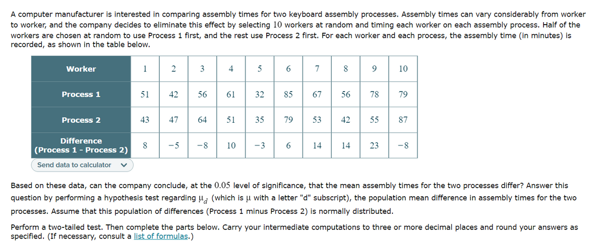 A computer manufacturer is interested in comparing assembly times for two keyboard assembly processes. Assembly times can vary considerably from worker
to worker, and the company decides to eliminate this effect by selecting 10 workers at random and timing each worker on each assembly process. Half of the
workers are chosen at random to use Process 1 first, and the rest use Process 2 first. For each worker and each process, the assembly time (in minutes) is
recorded, as shown in the table below.
Worker
1
2
5
6.
7
10
Process 1
51
42
56
61
32
85
67
56
78
79
Process 2
43
47
64
51
35
79
53
42
55
87
Difference
8
(Process 1 - Process 2)
-5
-8
10
-3
6.
14
14
23
-8
Send data to calculator
Based on these data, can the company conclude, at the 0.05 level of significance, that the mean assembly times for the two processes differ? Answer this
question by performing a hypothesis test regarding u, (which is u with a letter "d" subscript), the population mean difference in assembly times for the two
processes. Assume that this population of differences (Process 1 minus Process 2) is normally distributed.
Perform a two-tailed test. Then complete the parts below. Carry your intermediate computations to three or more decimal places and round your answers as
specified. (If necessary, consult a list of formulas.)
3.
