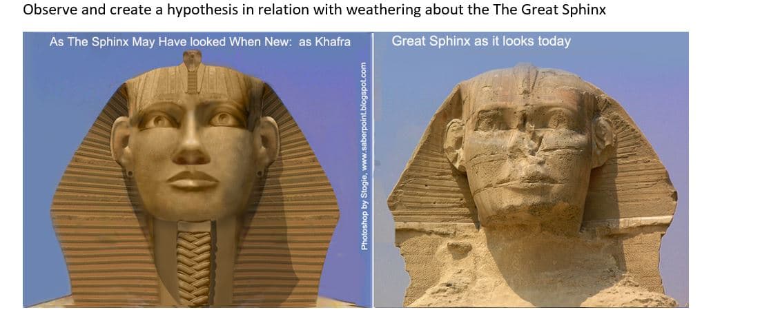 Observe and create a hypothesis in relation with weathering about the The Great Sphinx
As The Sphinx May Have looked When New: as Khafra
Great Sphinx as it looks today
Photoshop by Stogie, www.saberpoint.
