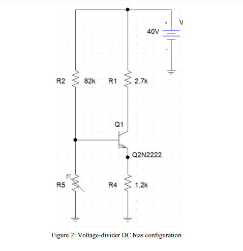 40V
R2
82k
R1
2.7k
Q1
Q2N2222
R5
R4
1.2k
Figure 2: Voltage-divider DC bias configuration
