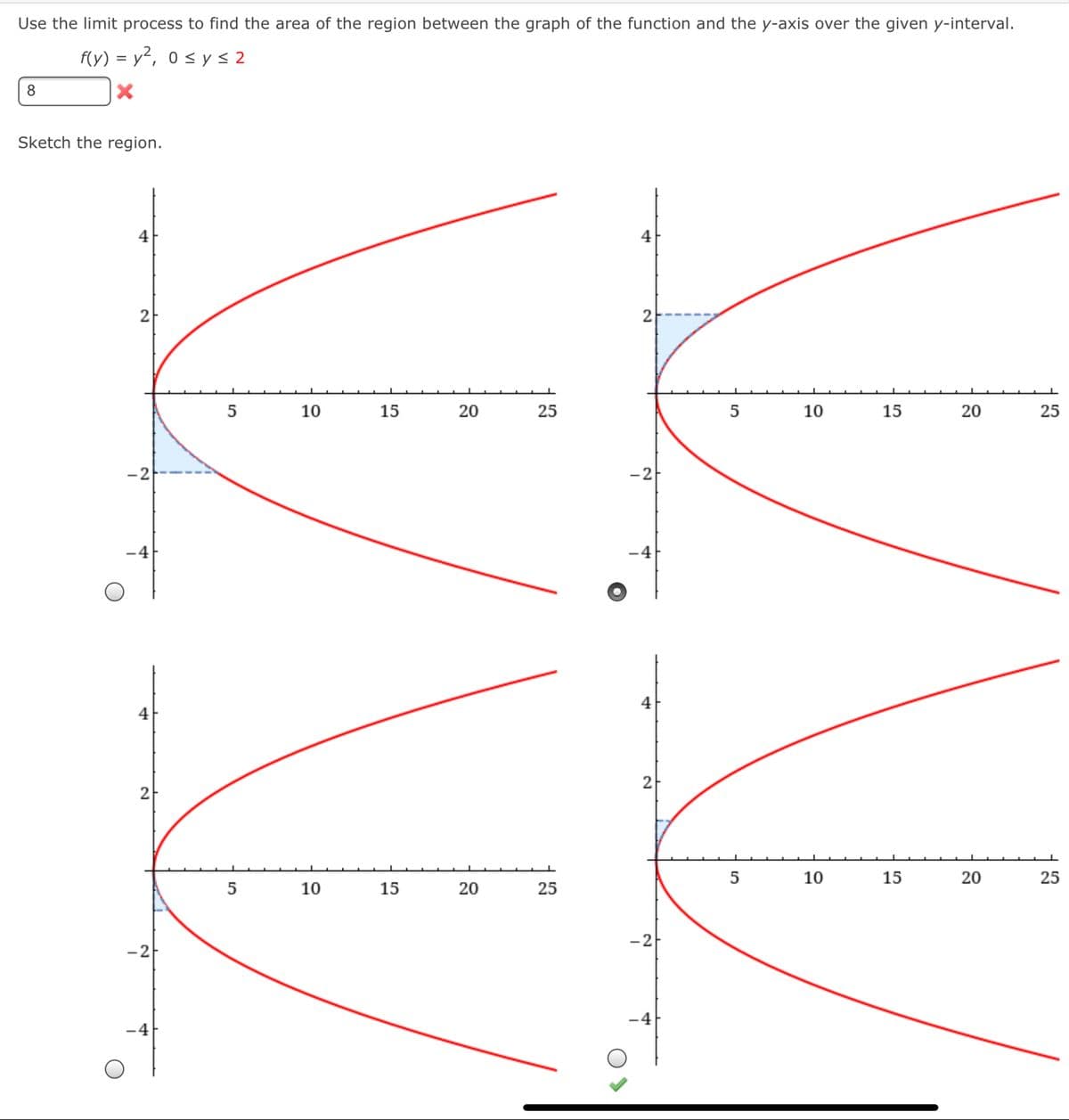 Use the limit process to find the area of the region between the graph of the function and the y-axis over the given y-interval.
f(y) = y?, 0 < y < 2
Sketch the region.
2
10
15
20
25
5
10
15
25
-2
-2
-4
4
2
10
15
20
25
5
10
15
20
25
-2-
20
2.
2.
2.
