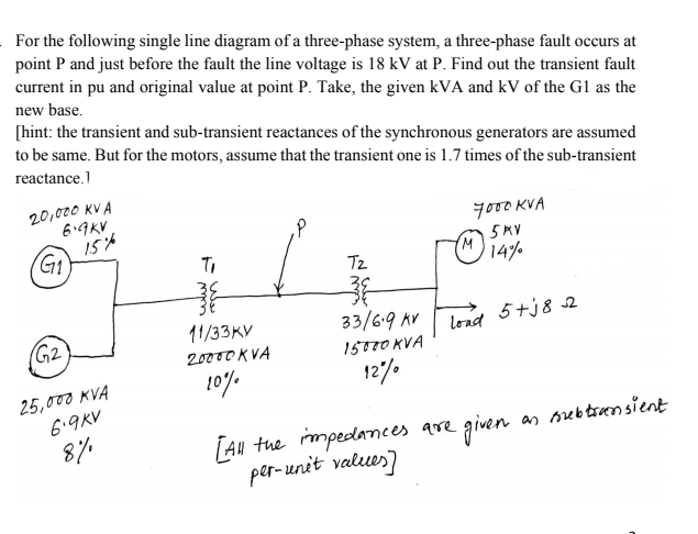 For the following single line diagram of a three-phase system, a three-phase fault occurs at
point P and just before the fault the line voltage is 18 kV at P. Find out the transient fault
current in pu and original value at point P. Take, the given kVA and kV of the Gl as the
new base.
[hint: the transient and sub-transient reactances of the synchronous generators are assumed
to be same. But for the motors, assume that the transient one is 1.7 times of the sub-transient
reactance.1
20,000 KV A
6.9KV
yo00 KVA
5MV
M
14%
Tz
33/6.9 AV
11/33KV
20000 KVA
10%
(G2
lond
5+j8 2
15770 KVA
12/.
25,000 KVA
6.9KV
8/%
as orebtransient
LAu tue mpedances are given
per-unit values)
