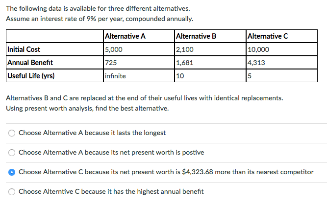 The following data is available for three different alternatives.
Assume an interest rate of 9% per year, compounded annually.
Alternative A
5,000
725
infinite
Initial Cost
Annual Benefit
Useful Life (yrs)
Alternative B
2,100
1,681
10
Choose Alternative A because it lasts the longest
Alternatives B and C are replaced at the end of their useful lives with identical replacements.
Using present worth analysis, find the best alternative.
Alternative C
10,000
4,313
5
Choose Alternative A because its net present worth is postive
Choose Alternative C because its net present worth is $4,323.68 more than its nearest competitor
Choose Alterntive C because it has the highest annual benefit