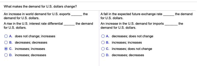 What makes the demand for U.S. dollars change?
An increase in world demand for U.S. exports
demand for U.S. dollars.
A rise in the U.S. interest rate differential
for U.S. dollars.
O A. does not change; increases
OB. decreases; decreases
C. increases; increases
O D. increases; decreases
the
the demand
A fall in the expected future exchange rate
for U.S. dollars.
An increase in the U.S. demand for imports
demand for U.S. dollars.
O A. decreases; does not change
B. increases; increases
C. increases; does not change
O D. decreases; decreases
the demand
the