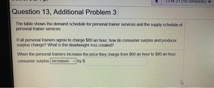 Question 13, Additional Problem 3
The table shows the demand schedule for personal trainer services and the supply schedule of
personal trainer services.
If all personal trainers agree to charge $80 an hour, how do consumer surplus and producer
surplus change? What is the deadweight loss created?
(18 complete)
When the personal trainers increase the price they charge from $60 an hour to $80 an hour,
consumer surplus increases by $
22