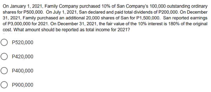 On January 1, 2021, Family Company purchased 10% of San Company's 100,000 outstanding ordinary
shares for P500,000. On July 1, 2021, San declared and paid total dividends of P200,000. Ôn December
31, 2021, Family purchased an additional 20,000 shares of San for P1,500,000. San reported earnings
of P3,000,000 for 2021. On December 31, 2021, the fair value of the 10% interest is 180% of the original
cost. What amount should be reported as total income for 2021?
O P520,000
O P420,000
O P400,000
O P900,000
