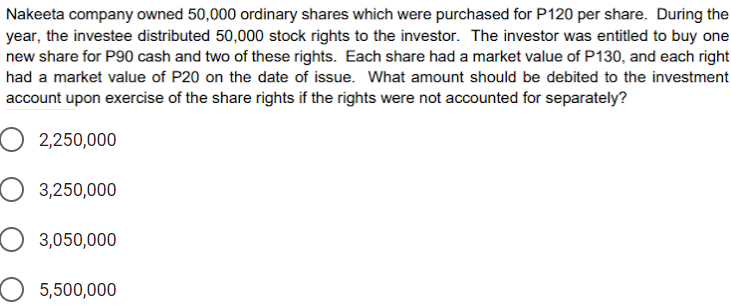 Nakeeta company owned 50,000 ordinary shares which were purchased for P120 per share. During the
year, the investee distributed 50,000 stock rights to the investor. The investor was entitled to buy one
new share for P90 cash and two of these rights. Each share had a market value of P130, and each right
had a market value of P20 on the date of issue. What amount should be debited to the investment
account upon exercise of the share rights if the rights were not accounted for separately?
2,250,000
3,250,000
3,050,000
5,500,000
