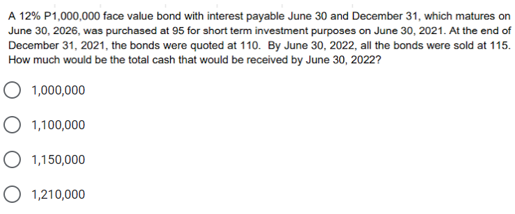 A 12% P1,000,000 face value bond with interest payable June 30 and December 31, which matures on
June 30, 2026, was purchased at 95 for short term investment purposes on June 30, 2021. At the end of
December 31, 2021, the bonds were quoted at 110. By June 30, 2022, all the bonds were sold at 115.
How much would be the total cash that would be received by June 30, 2022?
1,000,000
1,100,000
O 1,150,000
O 1,210,000
