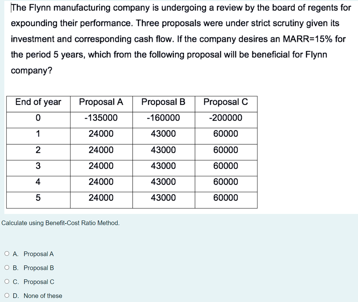 The Flynn manufacturing company is undergoing a review by the board of regents for
expounding their performance. Three proposals were under strict scrutiny given its
investment and corresponding cash flow. If the company desires an MARR=15% for
the period 5 years, which from the following proposal will be beneficial for Flynn
company?
End of year
Proposal A
Proposal B
Proposal C
-135000
-160000
-200000
1
24000
43000
60000
2
24000
43000
60000
3
24000
43000
60000
24000
43000
60000
24000
43000
60000
Calculate using Benefit-Cost Ratio Method.
ОА. Proposal А
О В. Proposal B
О С. Proposal C
O D. None of these
4-
