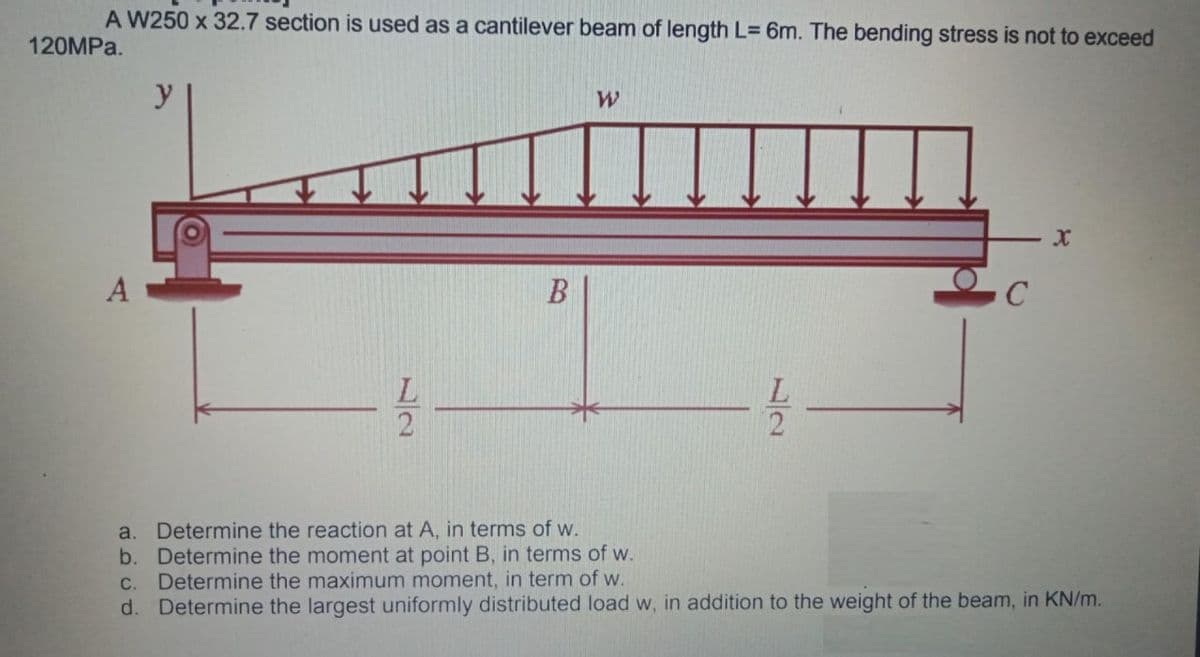 A W250 x 32.7 section is used as a cantilever beam of length L= 6m. The bending stress is not to exceed
120MPa.
y
B
W
C
X
a. Determine the reaction at A, in terms of w.
b. Determine the moment at point B, in terms of w.
c. Determine the maximum moment, in term of w.
d. Determine the largest uniformly distributed load w, in addition to the weight of the beam, in KN/m.