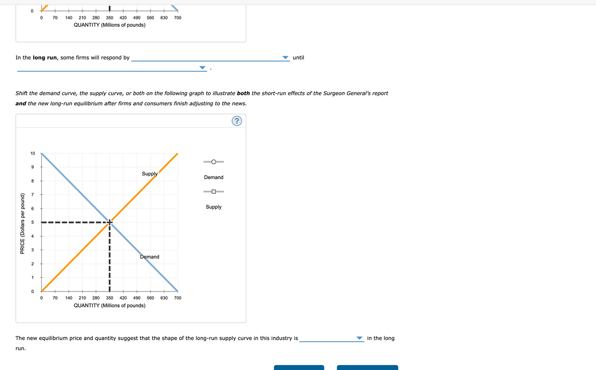 70
140
210
280
350
420
490
560
630
700
QUANTITY (Millions of pounds)
In the long run, some firms will respond by
until
Shift the demand curve, the supply curve, or both on the following graph to illustrate both the short-run effects of the Surgeon General's report
and the new long-run equilibrium after firms and consumers finish adjusting to the news.
10
9
Supply
Demand
8
7
6
Supply
Demand
2
1
0 70
140
210
280
350
420
490
560
630
700
QUANTITY (Millions of pounds)
The new equilibrium price and quantity suggest that the shape of the long-run supply curve in this industry is
in the long
run.
PRICE (Dollars per pound)
LO
