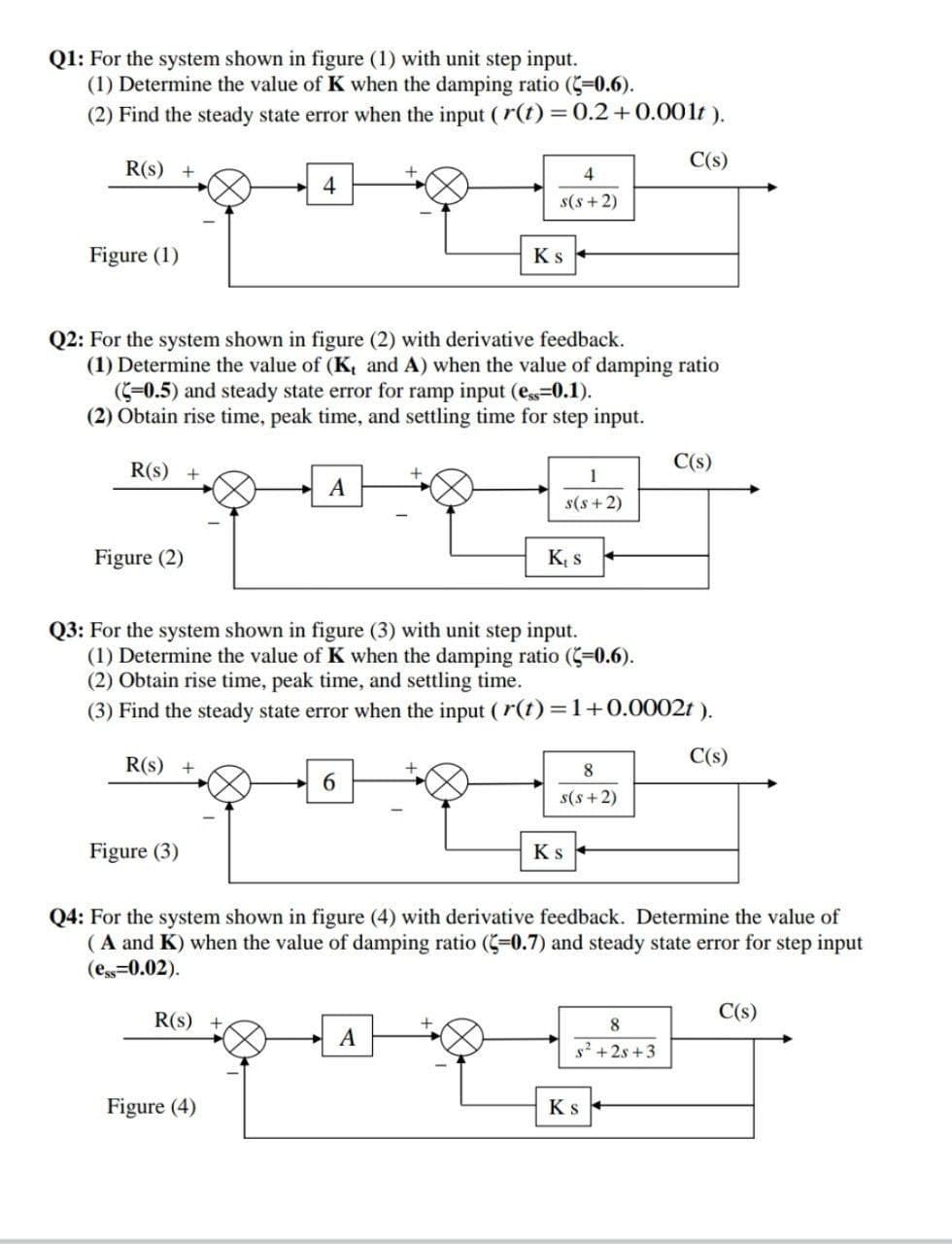 Q1: For the system shown in figure (1) with unit step input.
(1) Determine the value of K when the damping ratio (=0.6).
(2) Find the steady state error when the input (r(t)=0.2+0.001t ).
R(s) +
C(s)
4
4
s(s +2)
Figure (1)
Ks
Q2: For the system shown in figure (2) with derivative feedback.
(1) Determine the value of (K, and A) when the value of damping ratio
(C-0.5) and steady state error for ramp input (es0.1).
(2) Obtain rise time, peak time, and settling time for step input.
R(s) +
C(s)
1
A
s(s +2)
Figure (2)
K, s
Q3: For the system shown in figure (3) with unit step input.
(1) Determine the value of K when the damping ratio (-0.6).
(2) Obtain rise time, peak time, and settling time.
(3) Find the steady state error when the input (r(t)=1+0.0002t ).
R(s) +
C(s)
8
6.
s(s +2)
Figure (3)
Ks
Q4: For the system shown in figure (4) with derivative feedback. Determine the value of
(A and K) when the value of damping ratio (-0.7) and steady state error for step input
(ess=0.02).
R(s) +
C(s)
8
A
s2 +2s +3
Figure (4)
Ks
