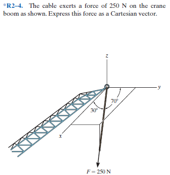 *R2-4. The cable exerts a force of 250 N on the crane
boom as shown. Express this force as a Cartesian vector.
70°
30°
F= 250 N

