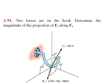 2-91. Two forces act on the hook. Determine the
magnitude of the projection of F, along F1.
F= 600 N
45
60
120
F2 = [120i + 90j - 0k]N
