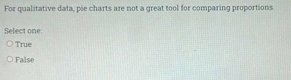 For qualitative data, pie charts are not a great tool for comparing proportions.
Select one:
O True
O False
