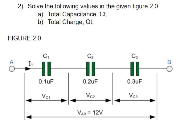 2) Solve the following values in the given figure 2.0.
a) Total Capacitance, Ct.
b) Total Charge, Qt.
FIGURE 2.0
C,
IT
C2
C3
A
В
0.1uF
0.2uF
0.3uF
Vci
Vc2
Vc3
VAB = 12V
