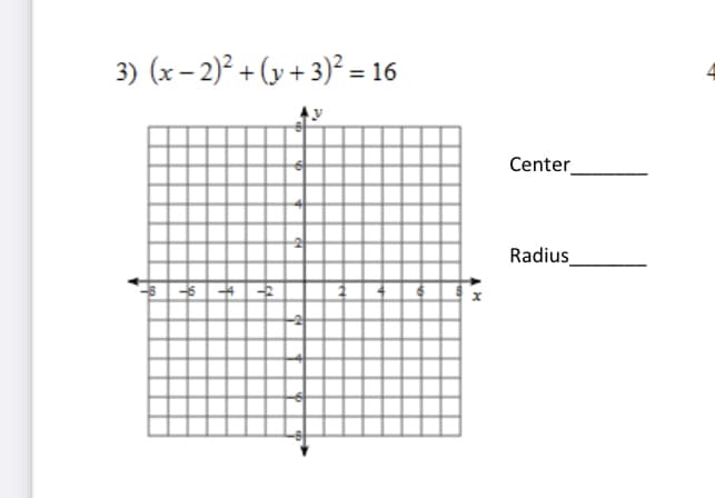 3) (x– 2)² + (y + 3)² = 16
Center
Radius
