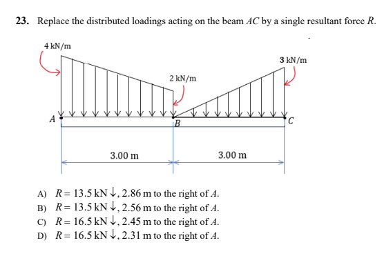 23. Replace the distributed loadings acting on the beam AC by a single resultant force R.
4 kN/m
3 kN/m
2 kN/m
B
3.00 m
A) R= 13.5 kN ↓, 2.86 m to the right of A.
B) R= 13.5 kN, 2.56 m to the right of A.
C) R = 16.5 kN, 2.45 m to the right of A.
D) R= 16.5 kN,2.31 m to the right of 4.
T
3.00 m