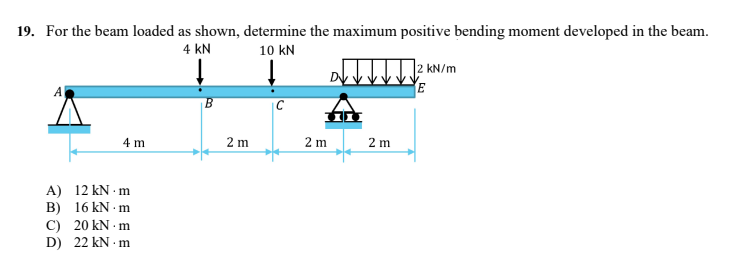 19. For the beam loaded as shown, determine the maximum positive bending moment developed in the beam.
4 KN
10 KN
2 kN/m
C
4 m
2 m
12 kN.m
A)
B) 16 kN.m
C)
20 kN.m
D) 22 kN.m
co
2 m
2 m