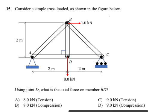 15. Consider a simple truss loaded, as shown in the figure below.
B
-1.0 kN
2 m
D
2 m
2 m
8.0 kN
Using joint D, what is the axial force on member BD?
A) 8.0 KN (Tension)
B) 8.0 KN (Compression)
C) 9.0 kN (Tension)
D) 9.0 kN (Compression)