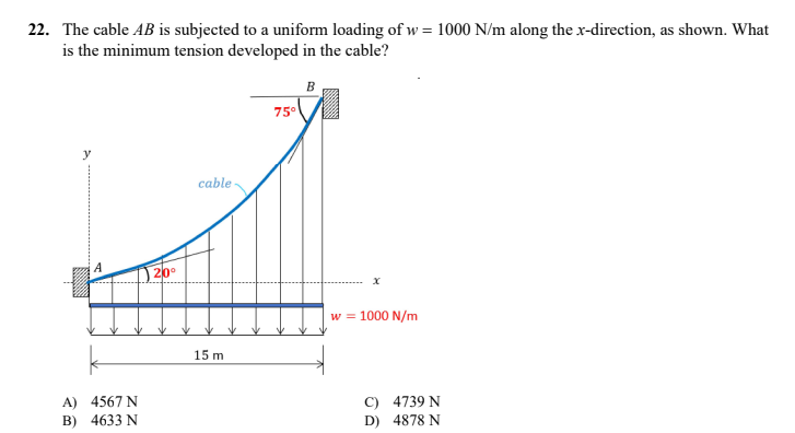 22. The cable AB is subjected to a uniform loading of w = 1000 N/m along the x-direction, as shown. What
is the minimum tension developed in the cable?
B
75°
cable
A) 4567 N
B)
4633 N
20⁰
15 m
X
w = 1000 N/m
C) 4739 N
D) 4878 N