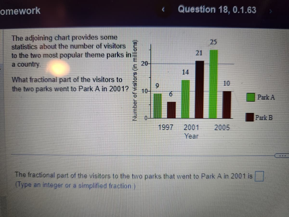 omework
The adjoining chart provides some
statistics about the number of visitors
to the two most popular theme parks in
a country.
What fractional part of the visitors to
the two parks went to Park A in 2001?
Number of visitors (in millions)
9
1997
Question 18, 0.1.63
2001
Year
25
O
2005
The fractional part of the visitors to the two parks that went to Park A in 2001 is
(Type an integer or a simplified fraction.)
Park A
Park B