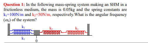 Question 1: In the following mass-spring system making an SHM in a
frictionless medium, the mass is 0.05kg and the spring constants are
k=100N/m and k;=50N/m, respectively.What is the angular frequency
(@.) of the system?
Fo 00000000
