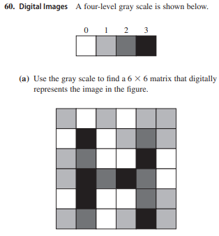 60. Digital Images A four-level gray scale is shown below.
0 1 2 3
(a) Use the gray scale to find a 6 x 6 matrix that digitally
represents the image in the figure.
