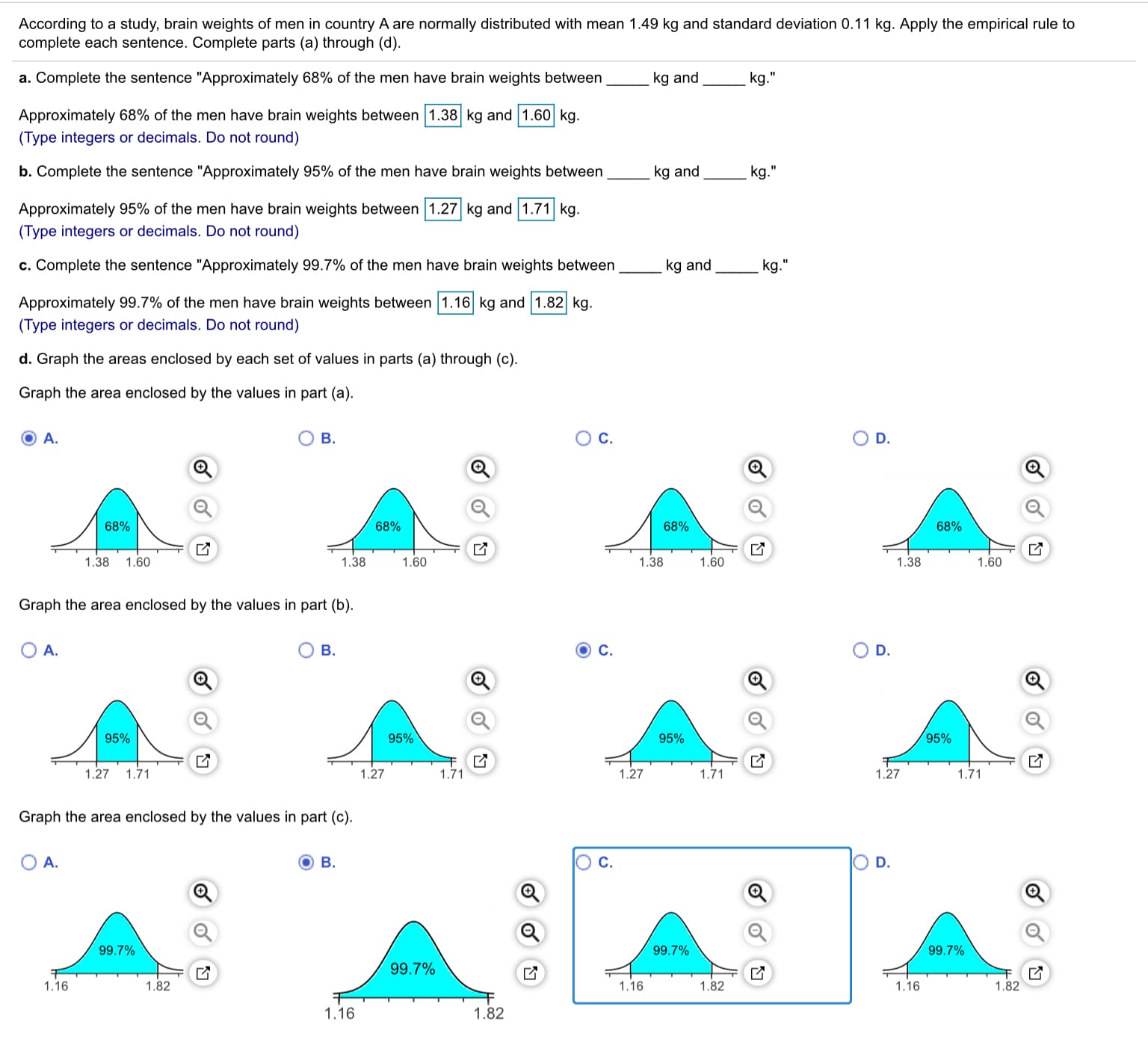 According to a study, brain weights of men in country A are normally distributed with mean 1.49 kg and standard deviation 0.11 kg. Apply the empirical rule to
complete each sentence. Complete parts (a) through (d).
a. Complete the sentence "Approximately 68% of the men have brain weights between
kg and
kg.
Approximately 68% of the men have brain weights between 1.38 kg and 1.60 kg.
(Type integers or decimals. Do not round)
b. Complete the sentence "Approximately 95% of the men have brain weights between
kg and
kg."
Approximately 95% of the men have brain weights between 1.27 kg and 1.71 kg.
(Type integers or decimals. Do not round)
c. Complete the sentence "Approximately 99.7% of the men have brain weights between
kg and
kg.
Approximately 99.7% of the men have brain weights between 1.16 kg and 1.82 kg.
(Type integers or decimals. Do not round)
d. Graph the areas enclosed by each set of values in parts (a) through (c).
Graph the area enclosed by the values in part (a).
O A.
В.
OC.
D.
Q
68%
68%
68%
68%
1.38 1.60
1.38
1.60
1.38
1.60
1.38
1.60
Graph the area enclosed by the values in part (b).
O A.
В.
С.
D.
Q
Q
95%
95%
95%
95%
1.27 1.71
1.27
1.71
1.27
1.71
1.27
1.71
Graph the area enclosed by the values in part (c).
O A.
В.
С.
D.
Q
99.7%
99.7%
99.7%
99.7%
1.16
1.82
1.16
1.82
1.16
1.82
1.16
1.82
