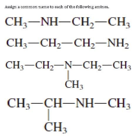 Assign a common name to each of the following amines.
CH;-NH-CH,–CH;
CH3-CH2-CH2-NH2
CH;-CH,-N-CH,-CH3
CH3
CH3-CH-NH-CH3
CH3
