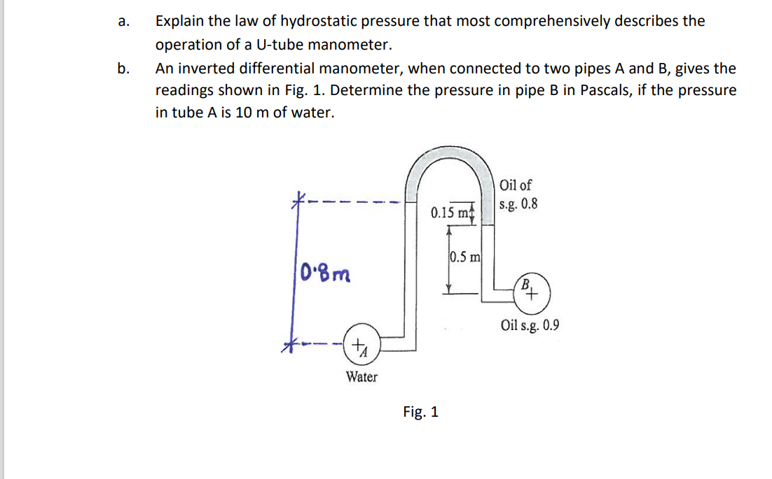 а.
Explain the law of hydrostatic pressure that most comprehensively describes the
operation of a U-tube manometer.
An inverted differential manometer, when connected to two pipes A and B, gives the
readings shown in Fig. 1. Determine the pressure in pipe B in Pascals, if the pressure
in tube A is 10 m of water.
b.
Oil of
0.15 m
s.g. 0.8
0.5 m
0'8m
Oil s.g. 0.9
Water
Fig. 1
