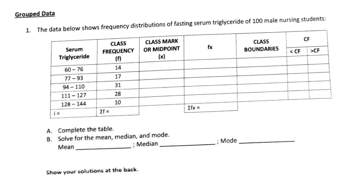 Grouped Data
1. The data below shows frequency distributions of fasting serum triglyceride of 100 male nursing students:
CF
fx
Serum
Triglyceride
CLASS
FREQUENCY
(f)
CLASS MARK
OR MIDPOINT
(x)
CLASS
BOUNDARIES
<CF
60-76
14
77-93
17
94-110
31
111-127
28
128-144
10
i=
Ef=
A. Complete the table.
B. Solve for the mean, median, and mode.
Mean
; Median
Show your solutions at the back.
{fx =
; Mode
>CF