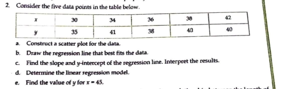 2
Consider the five data points in the table below.
X
30
34
36
40
40
y
35
38
41
a. Construct a scatter plot for the data.
b. Draw the regression line that best fits the data.
c Find the slope and y-intercept of the regression line. Interpret the results.
d. Determine the linear regression model.
Find the value of y for x = 45.
38
42