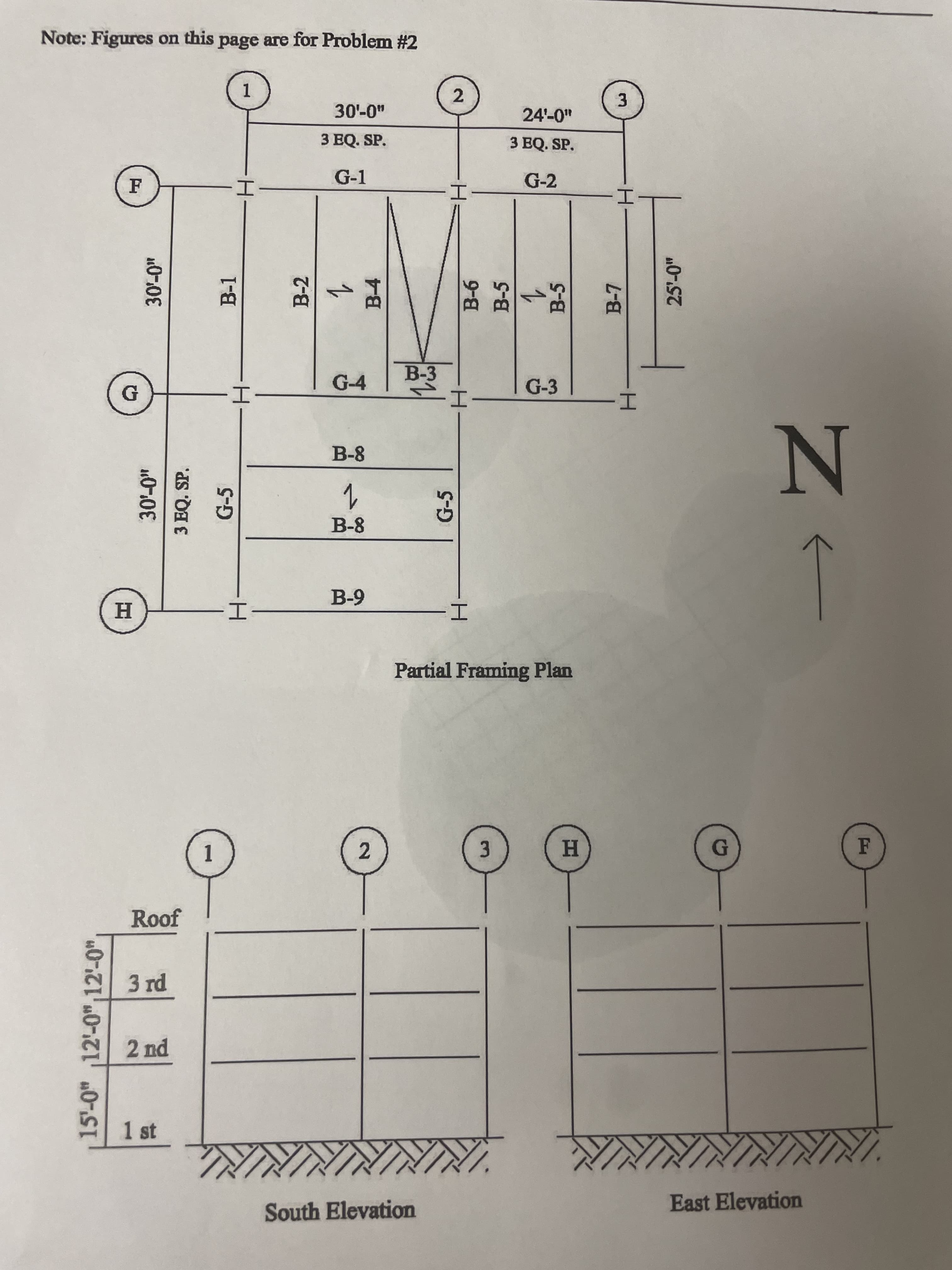 15'-0" 12-0", 12'-0"
3 EQ. SP.
G-5
B-1
B-2
B-4
G-5
B-5
B-5
H.
Note: Figures on this page are for Problem #2
24'-0"
3.
3 EQ. SP.
3 EQ. SP.
G-1
G-2
I-
B-3
G-4
G-3
B-8
B-8
H.
Partial Framing Plan
3.
H.
1.
Roof
3 rd
1 st
East Elevation
South Elevation
