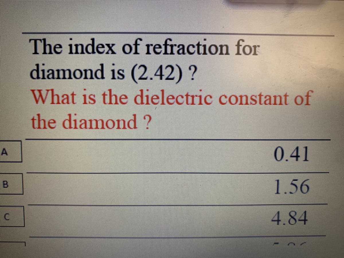 The index of refraction for
diamond is (2.42) ?
What is the dielectric constant of
the diamond ?
A
0.41
1.56
4.84
B.
