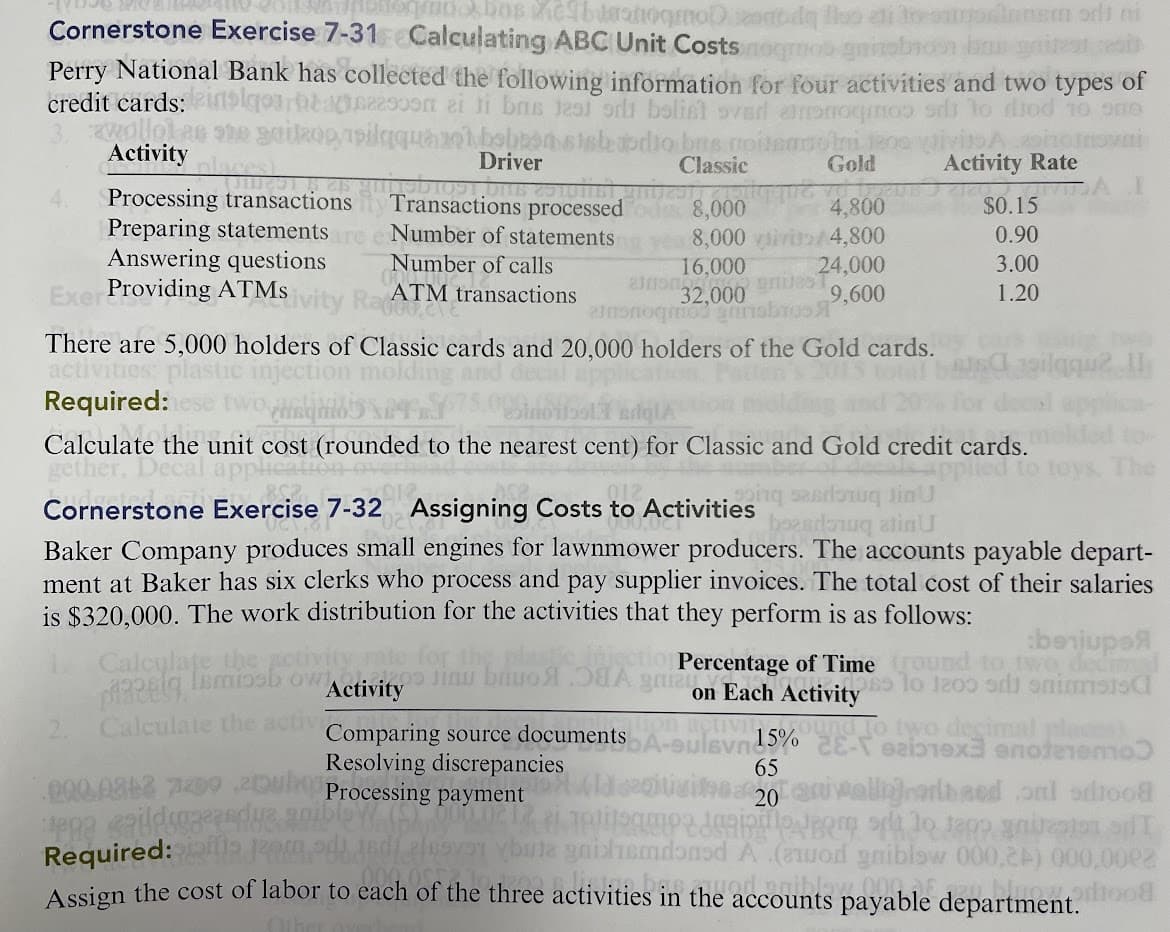 Cornerstone Exercise 7-31 Calculating ABC Unit Costs oqrmo gninobro9n ageaea
Perry National Bank has collected the following information for four activities and two types of
credit cards:en
wallokae she aitkop 7pilnquao.bobbonsisbbdo bns noiteanol
2000 ei i bas 1251 orlu boliel oved aomoqmos srls to diod TO
Activity
Driver
Classic
Gold
Activity Rate
Processing transactions
Preparing statements re e Number of statements
Answering questions
Exer Providing ATMS
Transactions processed
8,000
e 8,000 viirio/4,800
16,000
32,000
4,800
$0.15
0.90
Number of calls
3.00
24,000
9,600
ATM transactions
1.20
There are 5,000 holders of Classic cards and 20,000 holders of the Gold cards.
activities:
Required: ese twoho
tion molding
Calculate the unit cost (rounded to the nearest cent) for Classic and Gold credit cards.
The
Cornerstone Exercise 7-32 Assigning Costs to Activities
Baker Company produces small engines for lawnmower producers. The accounts payable depart-
ment at Baker has six clerks who process and pay supplier invoices. The total cost of their salaries
is $320,000. The work distribution for the activities that they perform is as follows:
berjupe
LCalcylate the potivity
Activity
Percentage of Time ound to two dedim
on Each Activity lo 1200 odi onimmsis
un To two decimal pla
Calculaie the activ
Comparing source documentsA-sulsvnd5% x3 enotenem
on activit
Resolving discrepancies
000 082 709 20m Processing payment
65
gitivite0a vAallgrarlhaed ol sdiood
Required:aM ed
Assign the cost of labor to each of the three activities in theadaniblow.00.s
gaihemdoned
(uod gniblow 000,2) 000,00ea
accounts payable department.
