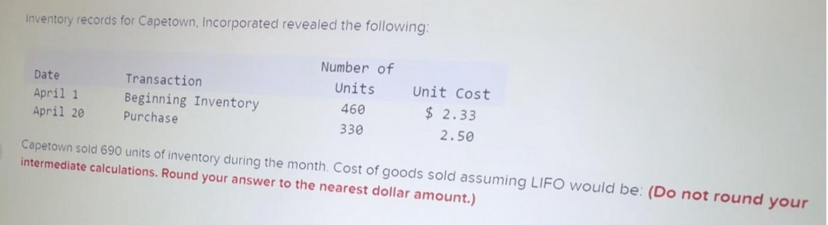 Inventory records for Capetown, Incorporated revealed the following:
Date
April 1
April 20
Transaction
Beginning Inventory
Purchase
Number of
Units
460
330
Unit Cost
$ 2.33
2.50
Capetown sold 690 units of inventory during the month. Cost of goods sold assuming LIFO would be: (Do not round your
intermediate calculations. Round your answer to the nearest dollar amount.)