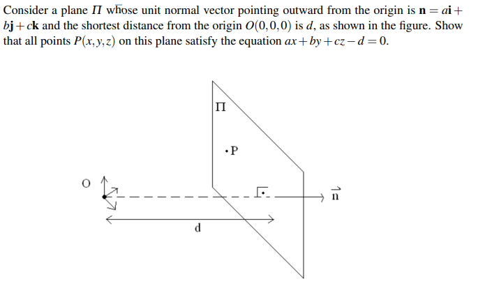 Consider a plane II whose unit normal vector pointing outward from the origin is n = ai+
bj+ck and the shortest distance from the origin O(0,0,0) is d, as shown in the figure. Show
that all points P(x, y, z) on this plane satisfy the equation ax+by+cz–d=0.
п
•P
d
1=
