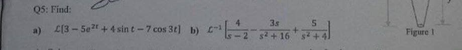 Q5: Find:
a) [3-5e² +4 sin t-7 cos 3t] b) L
3.s
2 s²+16
¹2
+
S
+41
Figure 1