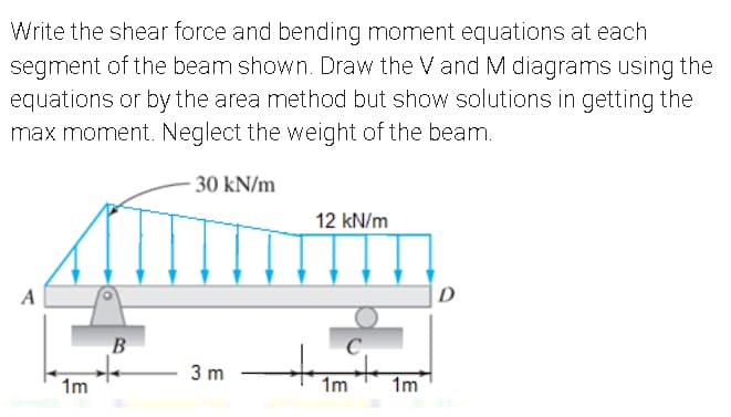 Write the shear force and bending moment equations at each
segment of the beam shown. Draw the Vand M diagrams using the
equations or by the area method but show solutions in getting the
max moment. Neglect the weight of the beam.
30 kN/m
12 kN/m
B
3 m
1m
1m
1m
