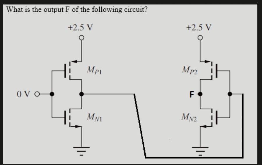 What is the output F of the following circuit?
+2.5 V
OVO
1₁.
Mp1
MNI
+2.5 V
Mp2
F
MN2
Hi