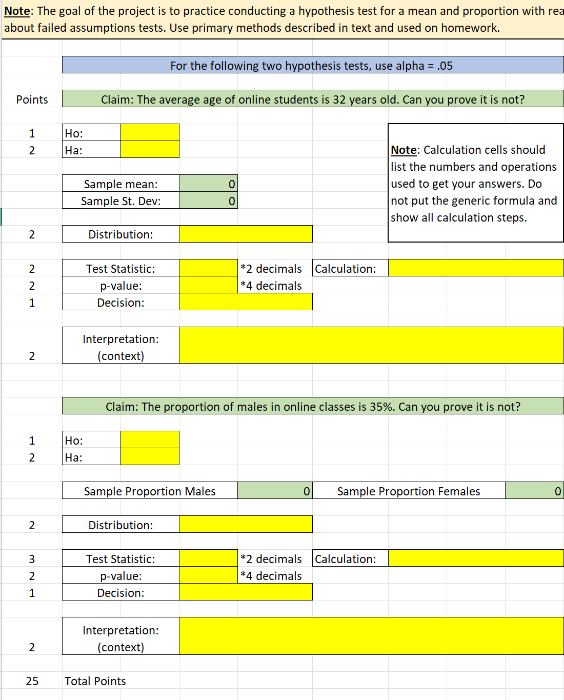 Note: The goal of the project is to practice conducting a hypothesis test for a mean and proportion with rea
about failed assumptions tests. Use primary methods described in text and used on homework.
For the following two hypothesis tests, use alpha = .05
Points
Claim: The average age of online students is 32 years old. Can you prove it is not?
1
Ho:
2
Ha:
Sample mean:
Sample St. Dev:
0
0
Note: Calculation cells should
list the numbers and operations
used to get your answers. Do
not put the generic formula and
show all calculation steps.
2
Distribution:
2
Test Statistic:
*2 decimals Calculation:
*4 decimals
2
p-value:
1
Decision:
Interpretation:
(context)
2
Claim: The proportion of males in online classes is 35%. Can you prove it is not?
1
Ho:
2
Ha:
Sample Proportion Males
0 Sample Proportion Females
0
2
Distribution:
3
Test Statistic:
p-value:
Decision:
Interpretation:
(context)
INW
2
1
2
25 Total Points
*2 decimals Calculation:
*4 decimals