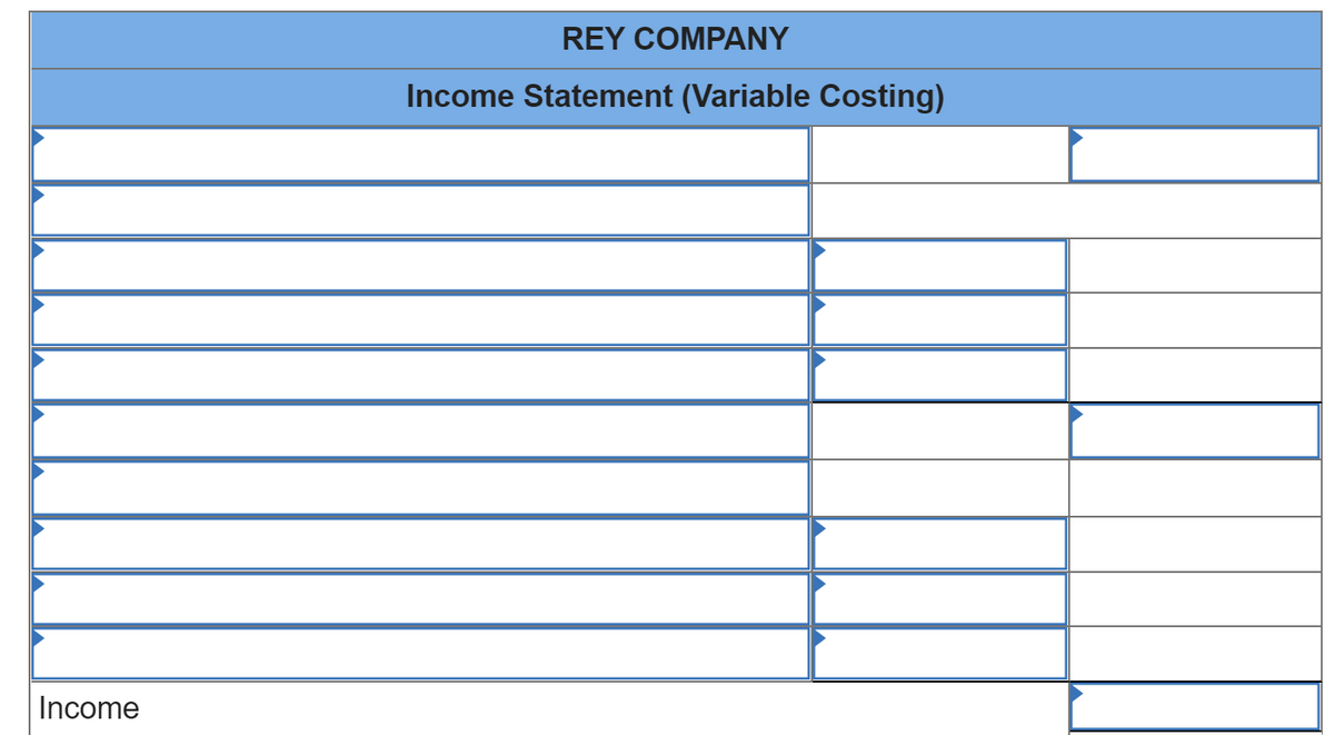 Income
REY COMPANY
Income Statement (Variable Costing)