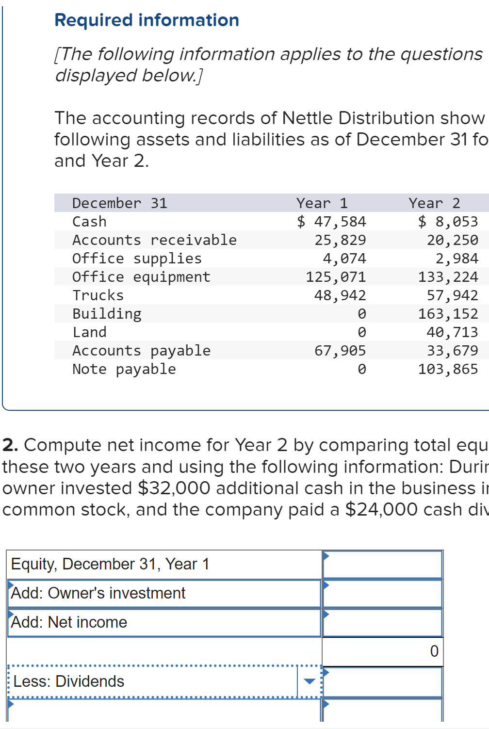 Required information
[The following information applies to the questions
displayed below.]
The accounting records of Nettle Distribution show
following assets and liabilities as of December 31 fo
and Year 2.
December 31
Cash
Accounts receivable
Office supplies
Office equipment
Trucks
Building
Land
Accounts payable
Note payable
Equity, December 31, Year 1
Add: Owner's investment
Add: Net income
Year 1
$ 47,584
25,829
4,074
125,071
48,942
Less: Dividends
0
0
67,905
0
Year 2
$ 8,053
20, 250
2,984
133, 224
2. Compute net income for Year 2 by comparing total equ
these two years and using the following information: Durir
owner invested $32,000 additional cash in the business in
common stock, and the company paid a $24,000 cash div
57,942
163,152
40,713
33,679
103,865
0