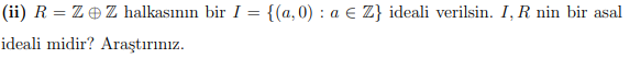 (ii) R = Z Z halkasının bir I = {(a,0) : a € Z} ideali verilsin. I, R nin bir asal
ideali midir? Araştırınız.
