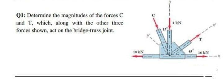 Ql: Determine the magnitudes of the forces C
and T, which, along with the other three
forces shown, act on the bridge-truss joint.
IkN
10 kN
16 kN
