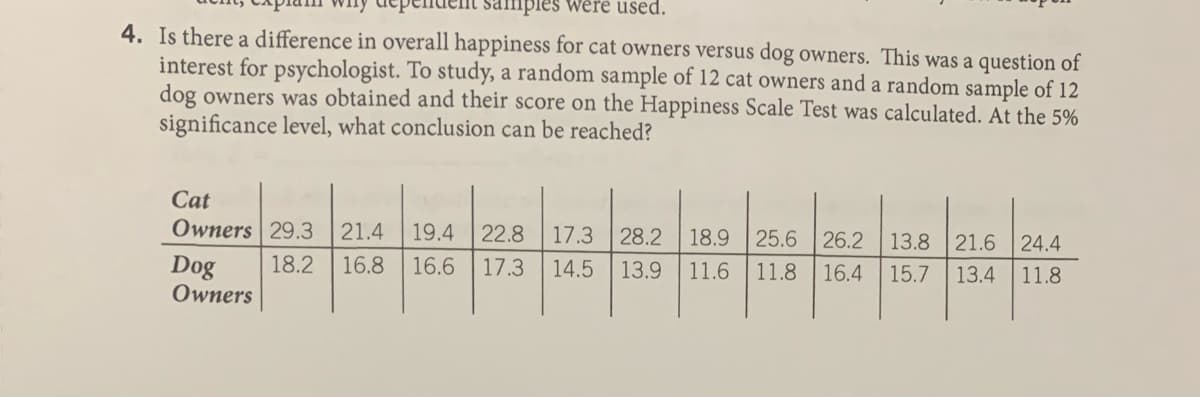 samples were used.
4. Is there a difference in overall happiness for cat owners versus dog owners. This was a question of
interest for psychologist. To study, a random sample of 12 cat owners and a random sample of 12
dog owners was obtained and their score on the Happiness Scale Test was calculated. At the 5%
significance level, what conclusion can be reached?
Cat
Owners 29.3
21.4
19.4
22.8
17.3
28.2
18.9
25.6
26.2
13.8 21.6
24.4
Dog
Owners
18.2
16.8
16.6
17.3
14.5
13.9
11.6
11.8
16.4 15.7
13.4
11.8
